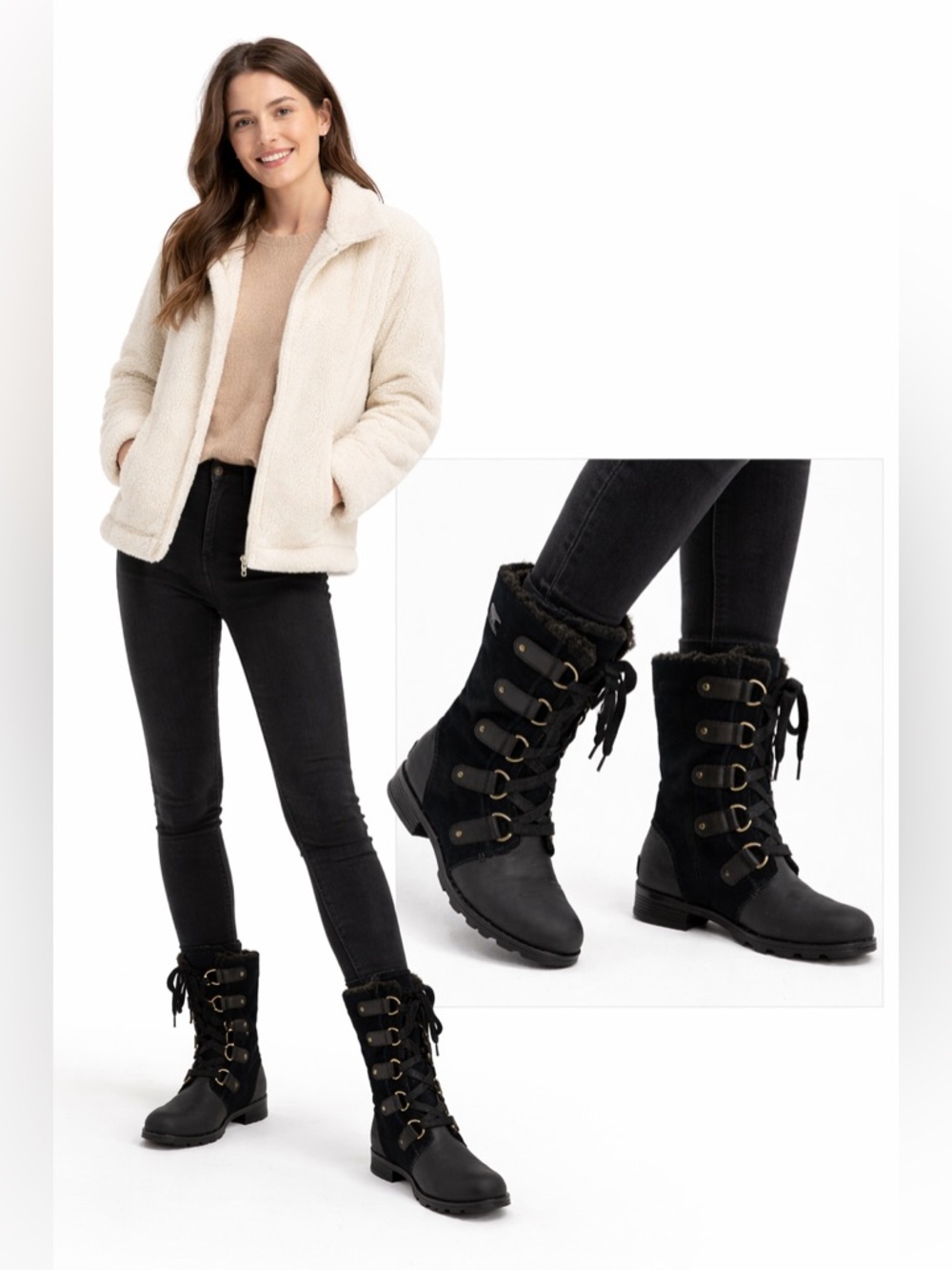 Sorel Emelie Black Lace Up Winter Leather Faux Fur Lined Waterproof Size 7